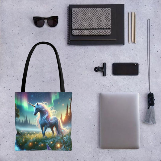Northern Lights unicorn tote bag featuring a glowing unicorn under an aurora sky, worn as a crossbody bag.