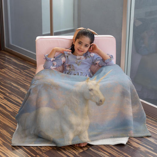 Soft velveteen blanket featuring an enchanted unicorn for kids’ bedrooms.