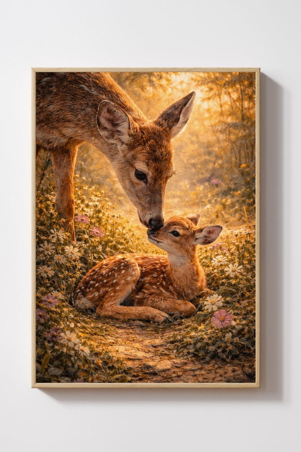 Deer and fawn cuddling in a sunlit wildflower meadow, nature wall art print