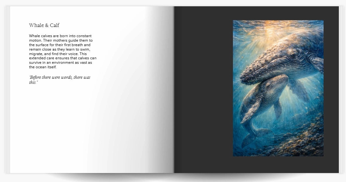 Open book displaying whale mother and calf underwater illustration with text about ocean motherhood