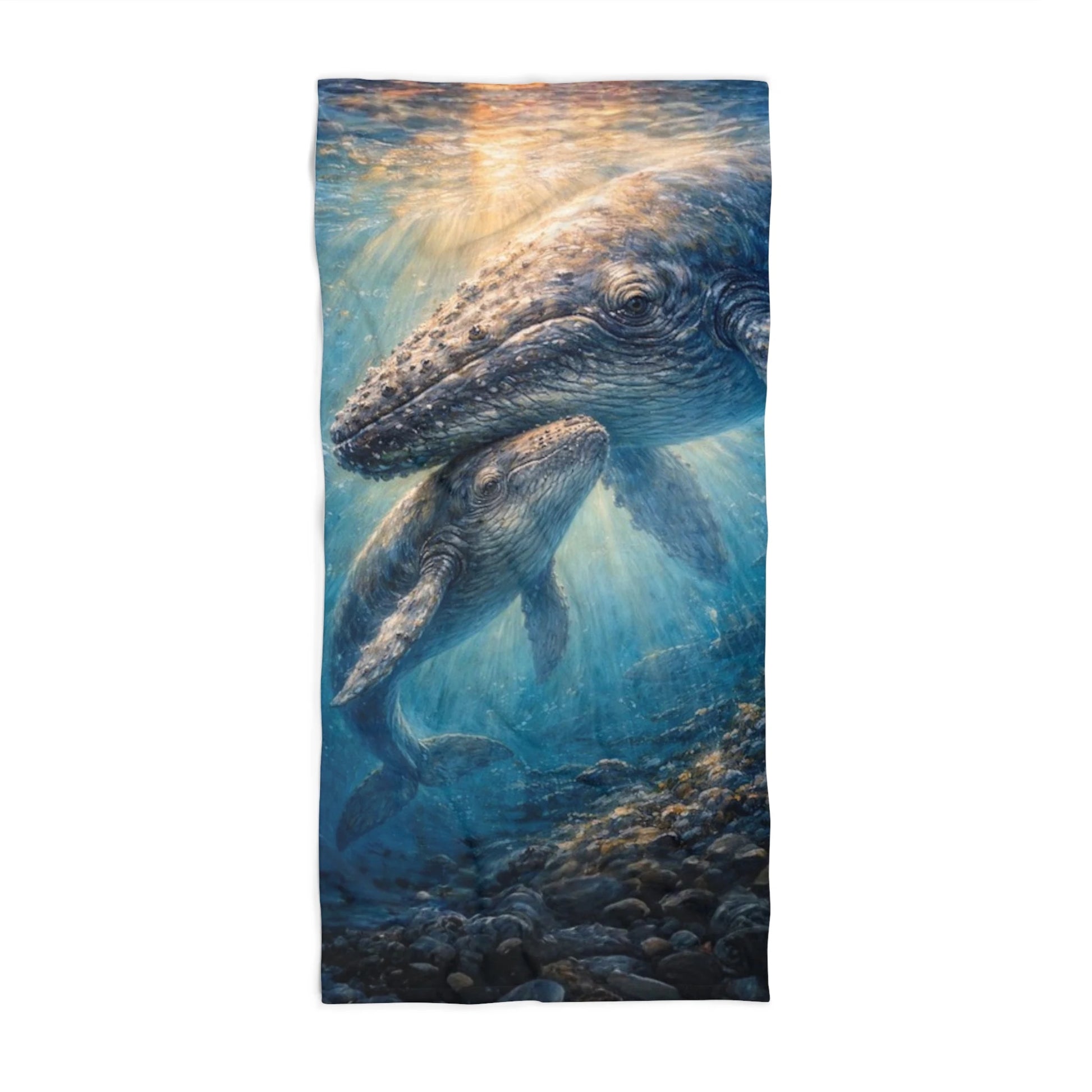 Beach towel featuring fantasy art of two whales swimming underwater with sunlight rays