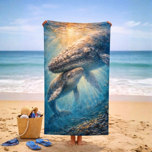 Beach towel featuring a mother whale and calf swimming underwater with sunlight rays, symbolizing connection, calm, and ocean life.
