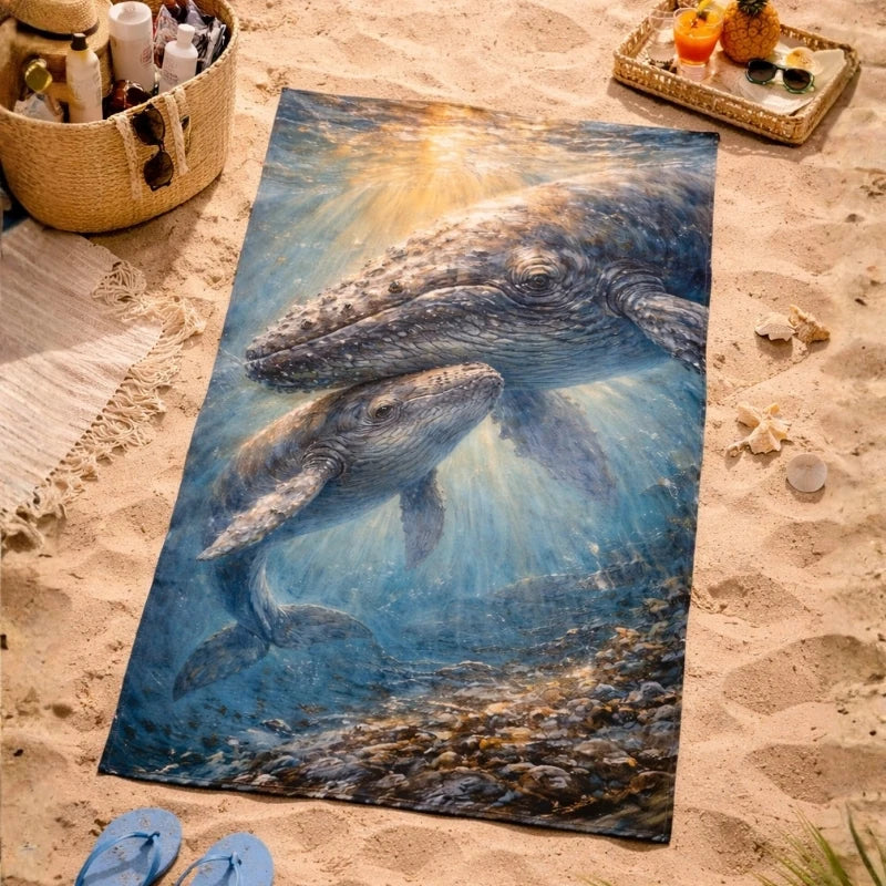 Beach towel with artistic whale and calf design placed on sandy beach with summer accessories