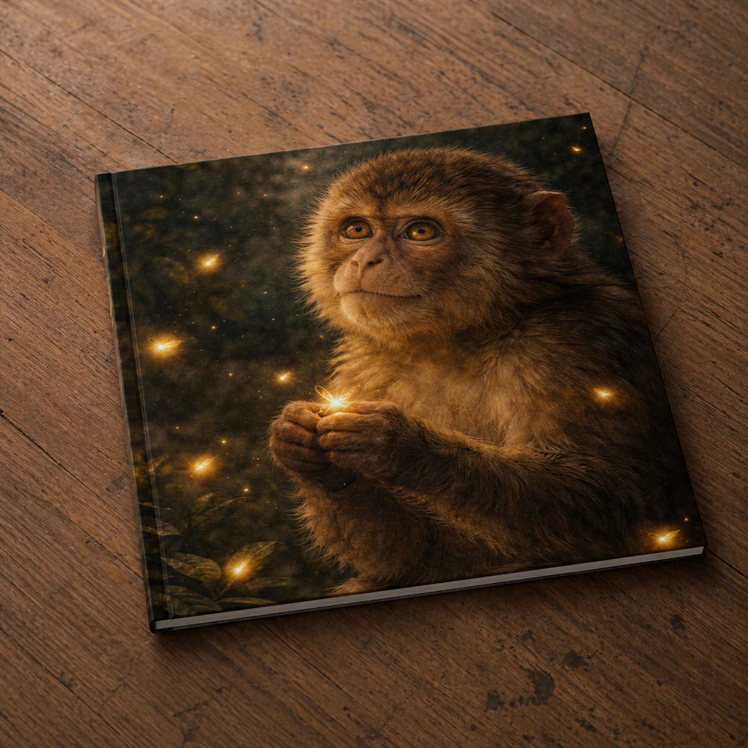 Art book cover with a monkey surrounded by glowing lights in a dark forest setting