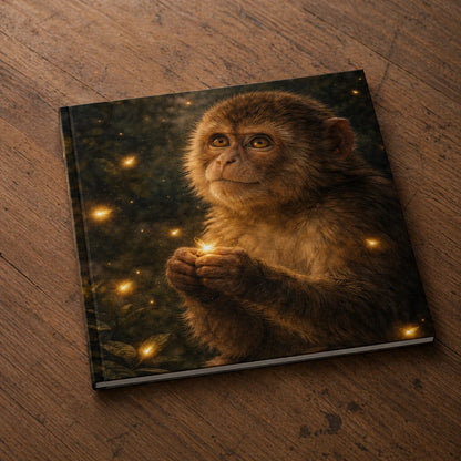 Art book cover with a monkey surrounded by glowing lights in a dark forest setting