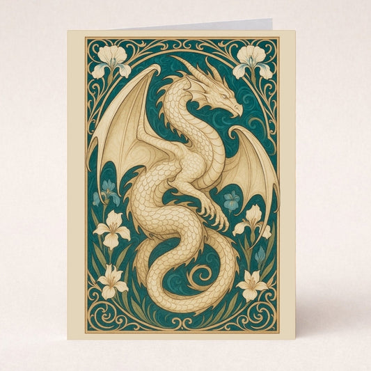 Illustrated white dragon in flowing Art Nouveau style surrounded by floral motifs on a fantasy greeting card.
