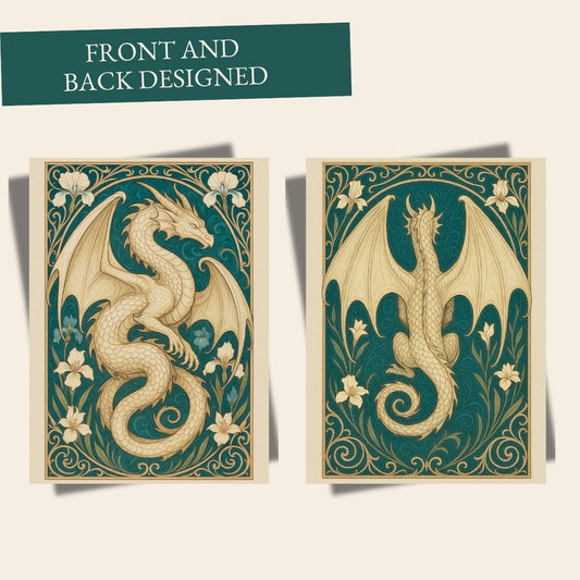 Illustrated white dragon in flowing Art Nouveau style surrounded by floral motifs on a fantasy greeting card.