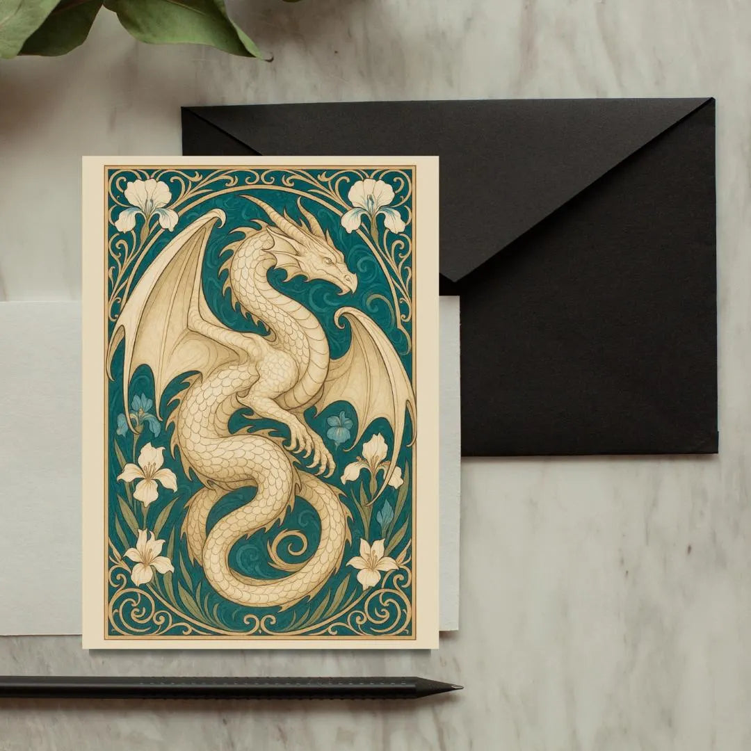 Art Nouveau greeting card with white dragon and floral fantasy design on marble background