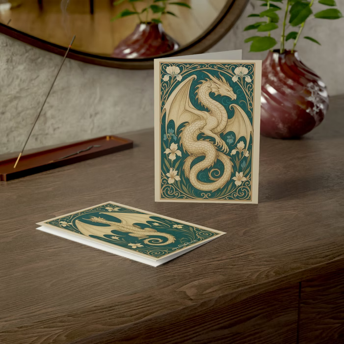 Illustrated white dragon in flowing Art Nouveau style surrounded by floral motifs on a fantasy greeting card.