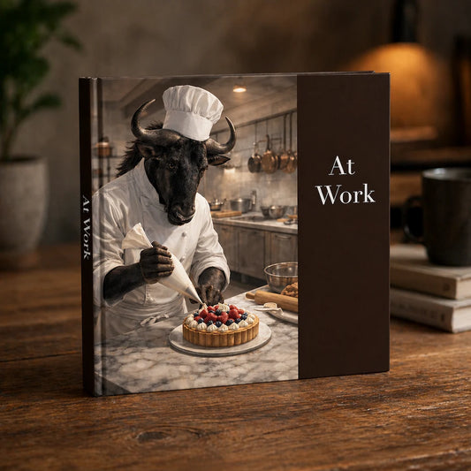 Hardcover book cover showing wildebeest chef decorating dessert in professional kitchen setting