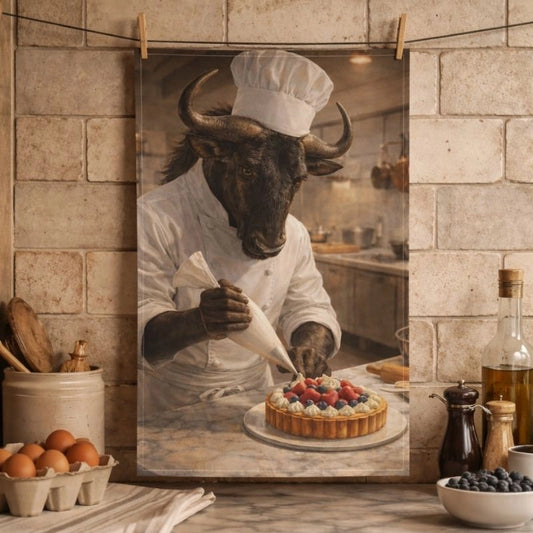 Tea towel featuring a wildebeest chef decorating a fruit tart in a rustic kitchen