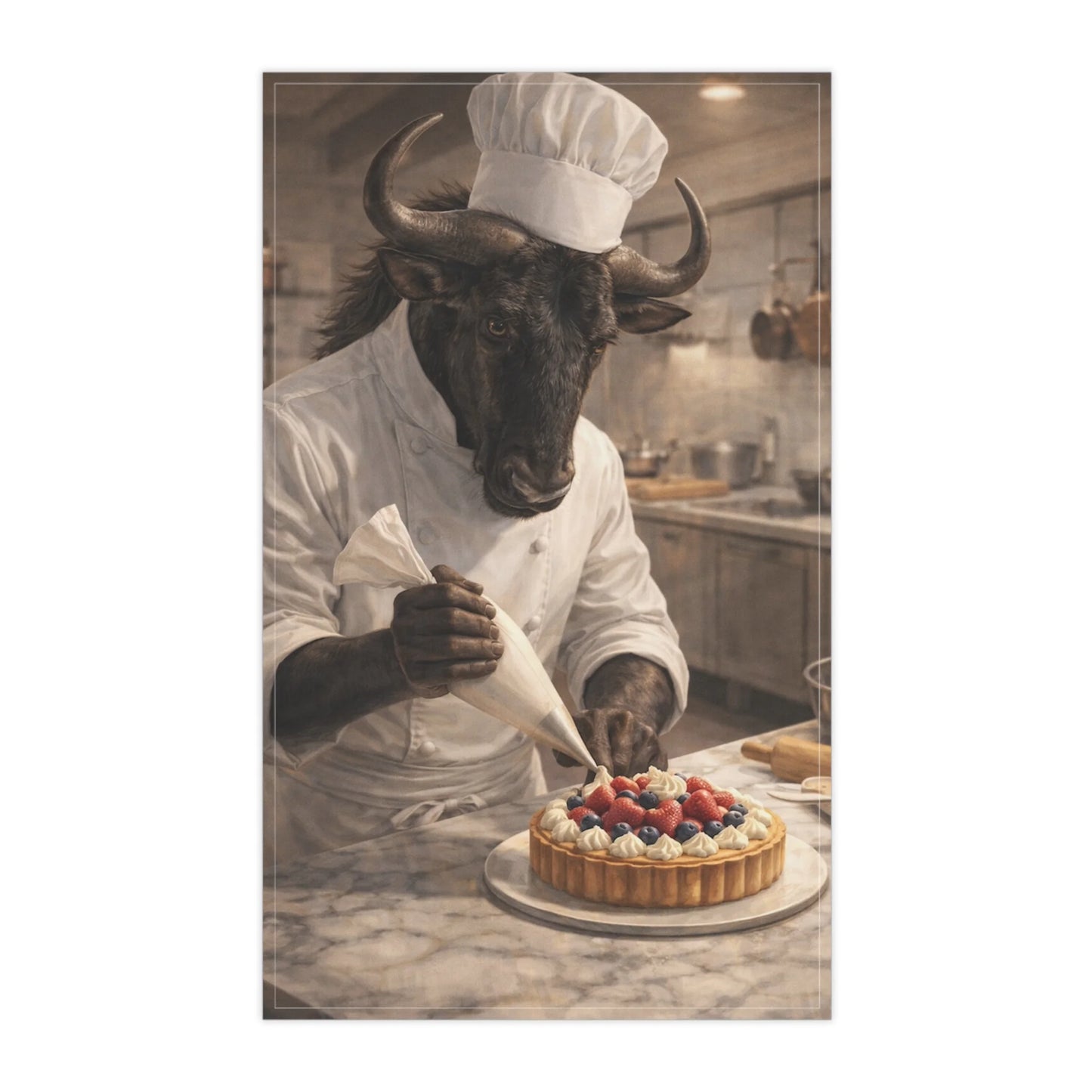 Anthropomorphic wildebeest chef decorating fruit tart in a kitchen, fantasy tea towel art