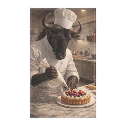 Anthropomorphic wildebeest chef decorating fruit tart in a kitchen, fantasy tea towel art
