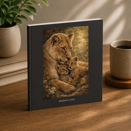 Hardcover wildlife art book with lioness and cubs illustration symbolizing maternal protection
