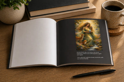 Open art book showing nature goddess mother figure with animals representing motherhood across wildlife