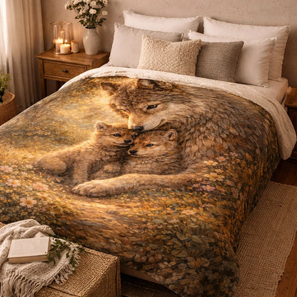 Cozy bedroom with a wolf and cubs blanket, nature-inspired animal art bedding