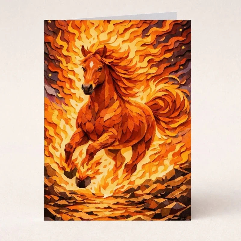 Greeting card featuring a fiery horse surrounded by bold orange flames and swirling patterns