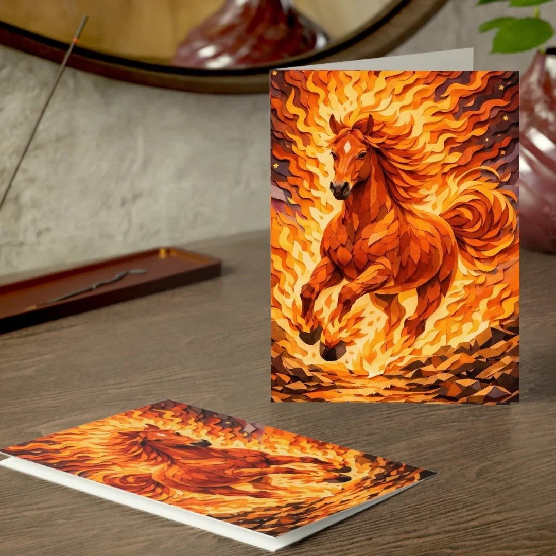 Paper art greeting card featuring a fiery horse with flames, Chinese zodiac inspired design