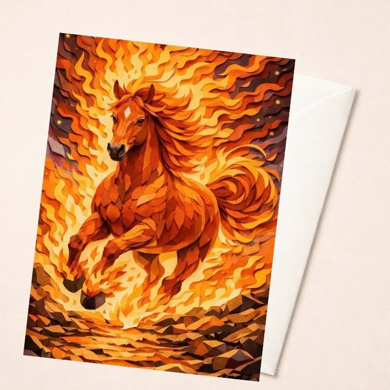 Fire horse greeting card with vibrant flames, inspired by Chinese zodiac art