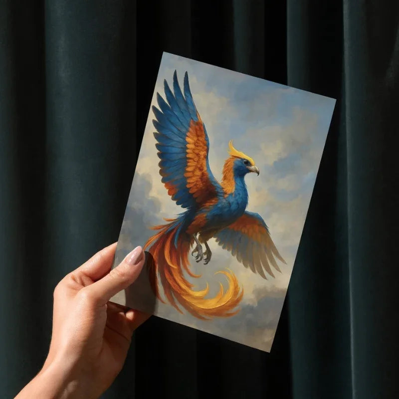 Hand holding fantasy art print of a vibrant blue and orange phoenix against a cloudy sky