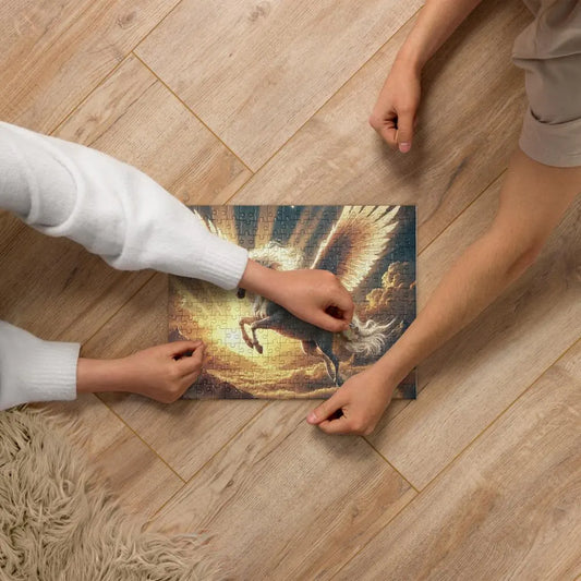 A jigsaw puzzle featuring a pegasus soaring through a golden sunset.