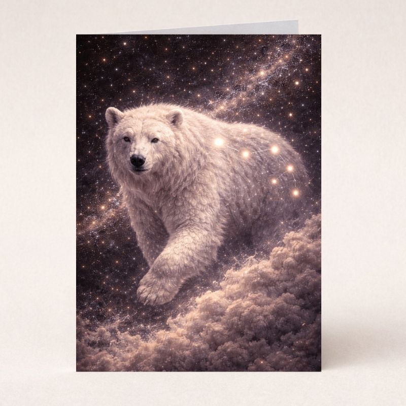 Fantasy polar bear art card with starry constellation background and cloud details
