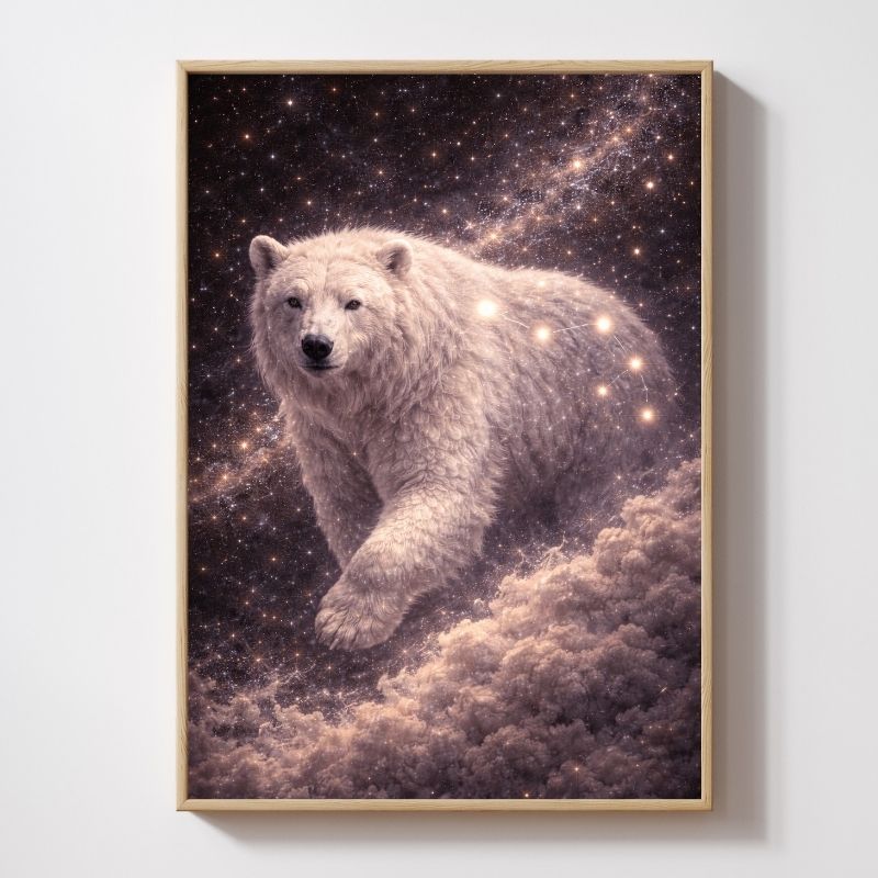 Fantasy art print of a white bear with constellation stars in a cosmic, starry sky setting.