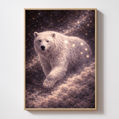 Fantasy art print of a white bear with constellation stars in a cosmic, starry sky setting.