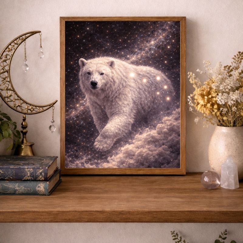 Fantasy art print of a celestial polar bear in a starry night sky, displayed on a shelf.