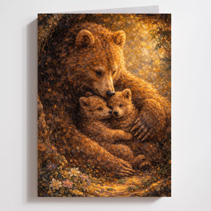 Fantasy art print of a mother bear cuddling two bear cubs in a forest setting