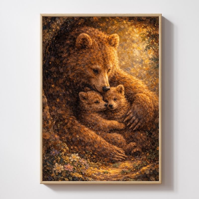 Bear wall art featuring a mother bear cuddling two cubs in a forest, nature-inspired decor