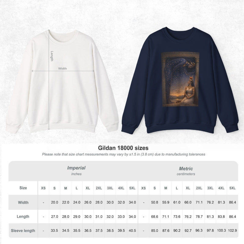 Mythology art crewneck sweatshirt size chart with measurement guide