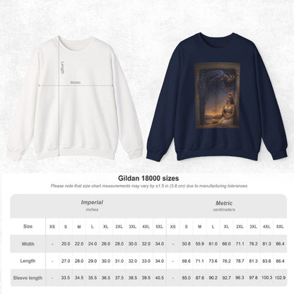 Mythology art crewneck sweatshirt size chart with measurement guide