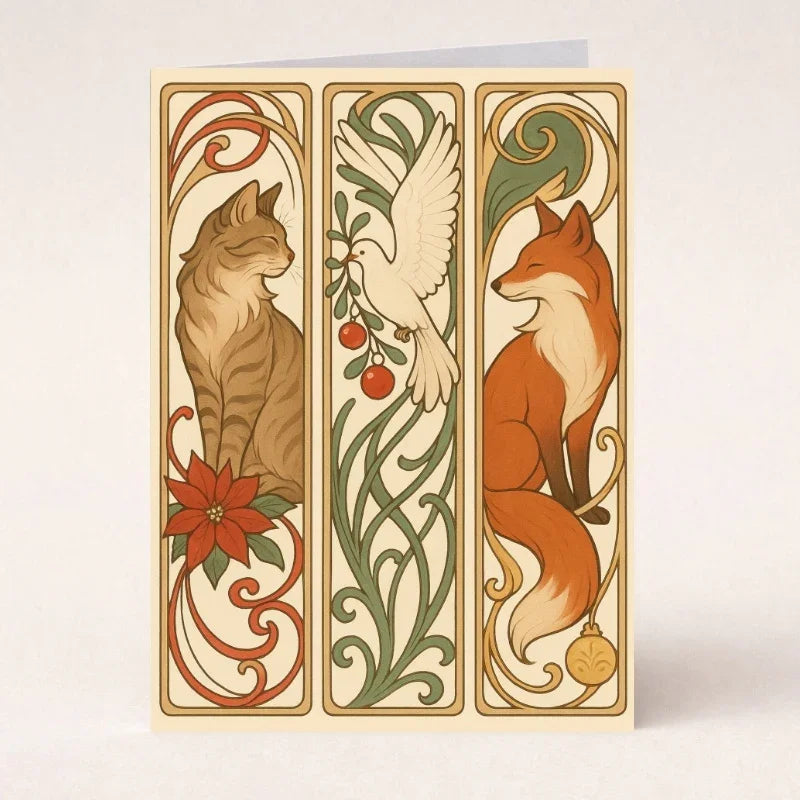 Art Nouveau style greeting card with a cat, dove, and fox among floral patterns