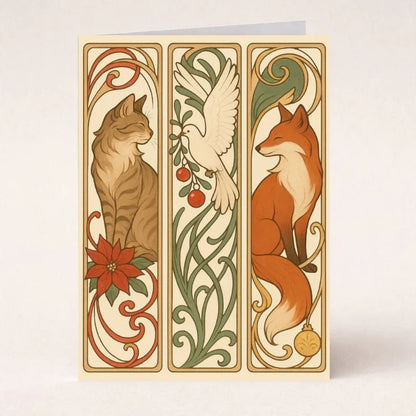 Art Nouveau style greeting card with a cat, dove, and fox among floral patterns