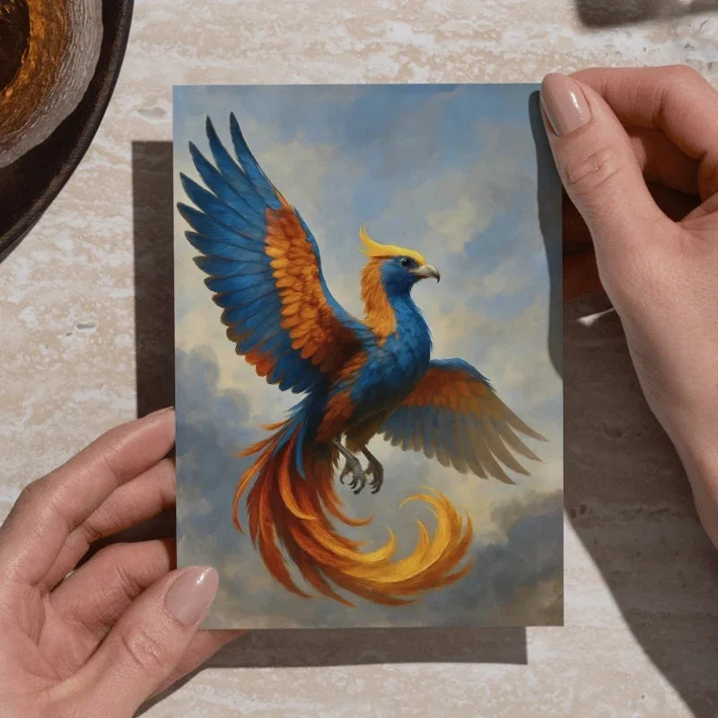 Fantasy phoenix art card with vibrant blue, orange, and yellow feathers, held by hands
