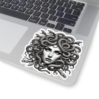 Medusa mythology art sticker on laptop, fantasy head with snake hair, black and white design