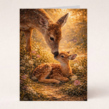 Deer and fawn in a sunlit meadow surrounded by wildflowers, fantasy art greeting card
