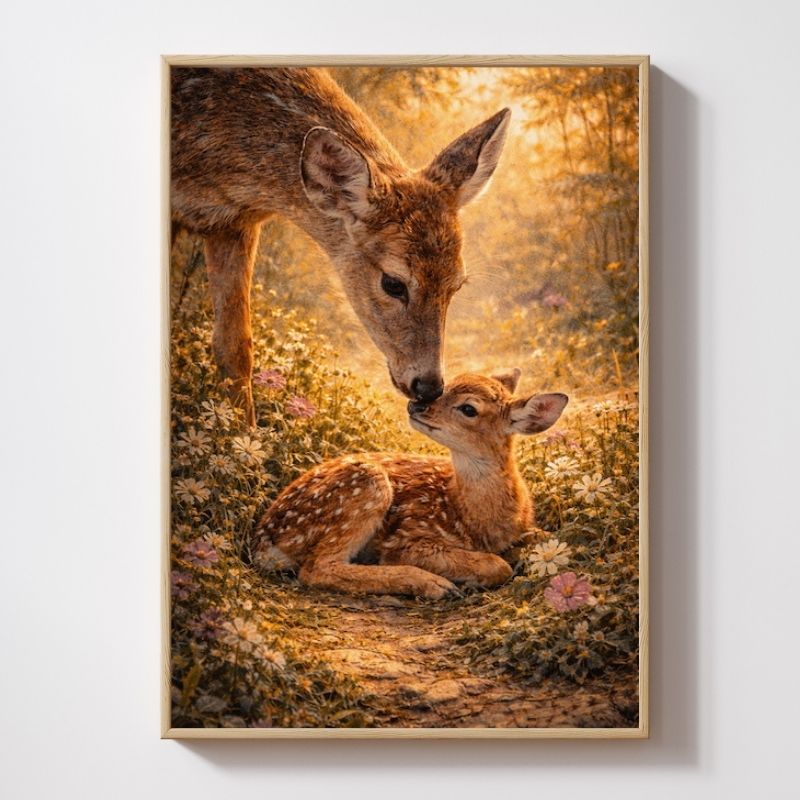 Deer wall art featuring a doe and fawn in a sunlit meadow with wildflowers