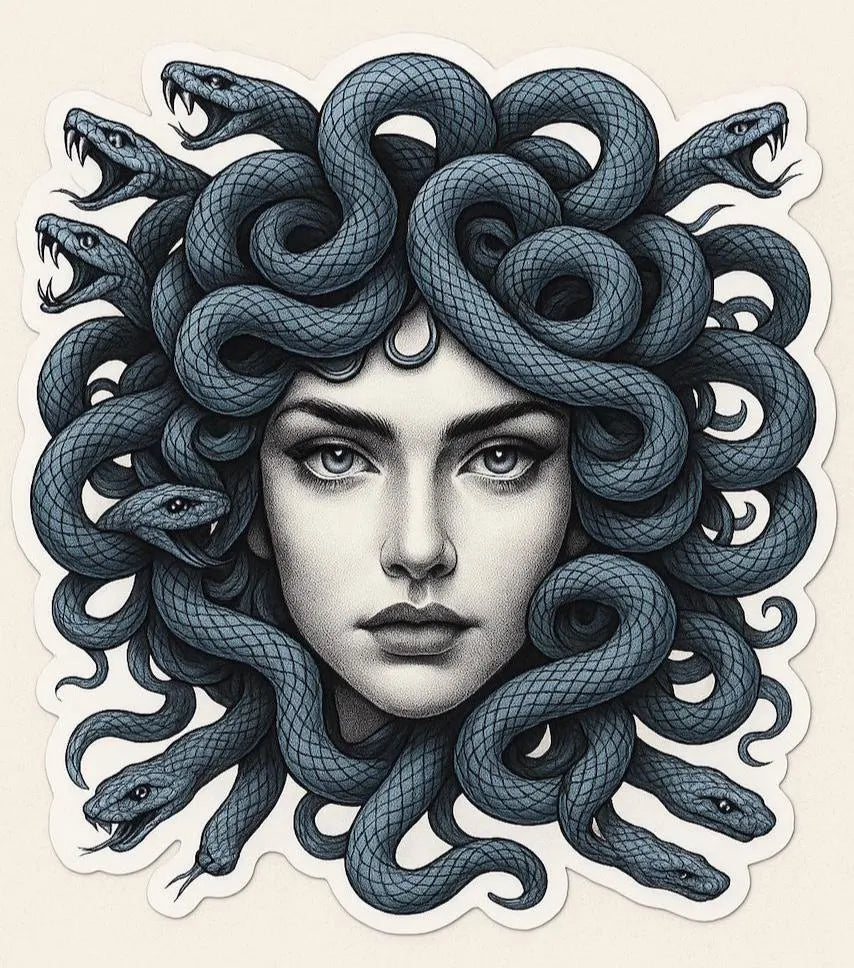 Mythology-inspired Medusa portrait art with snakes for hair, fantasy wall decor print