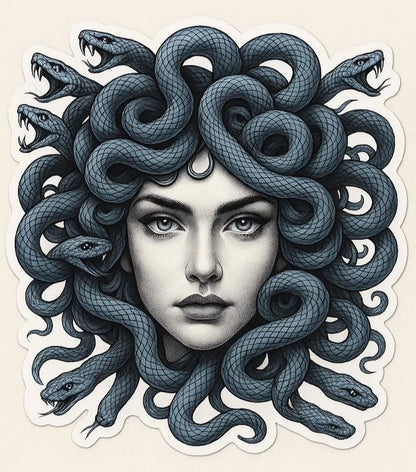 Mythology-inspired Medusa portrait art with snakes for hair, fantasy wall decor print