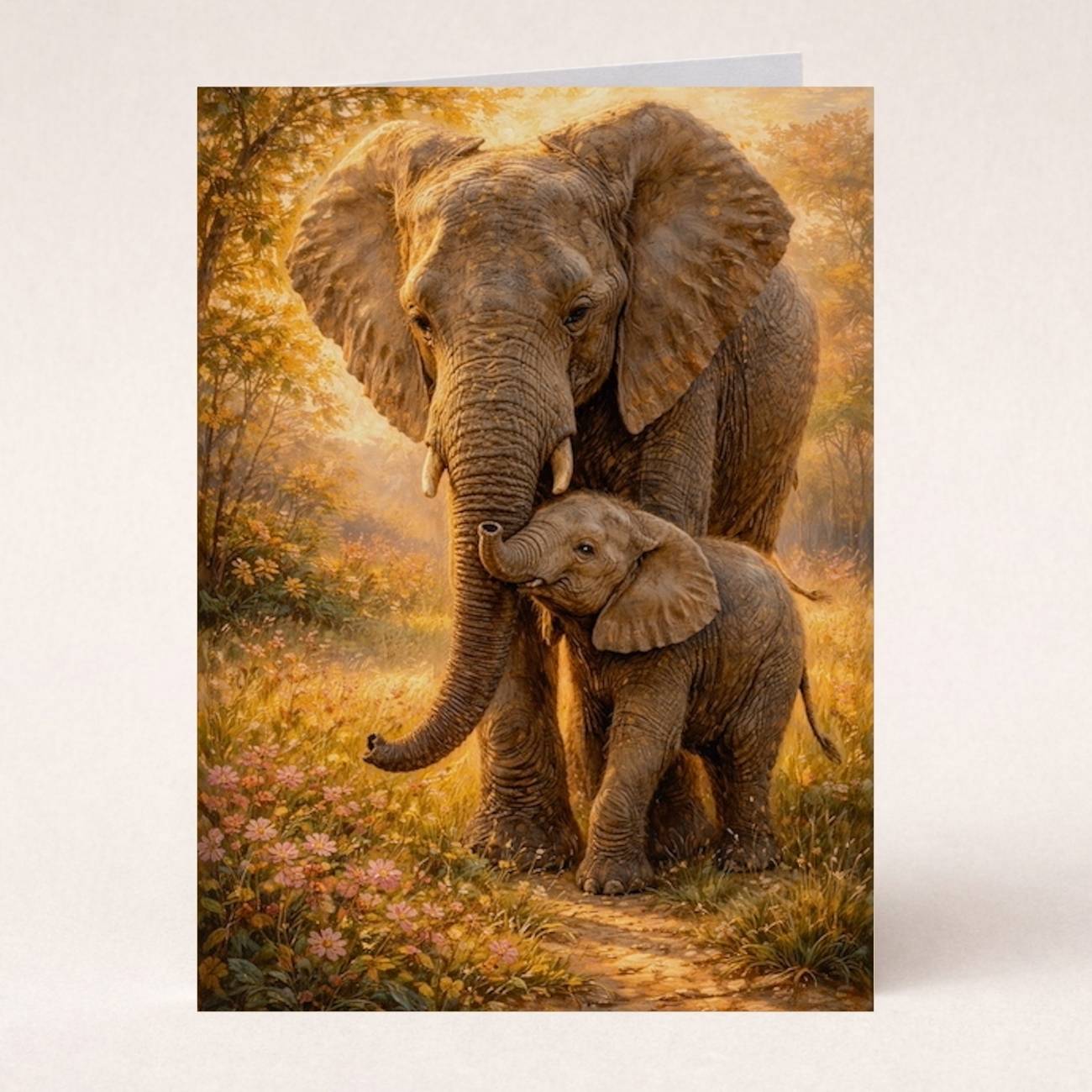 Elephant mother and baby art card, nature scene, fantasy wildlife illustration