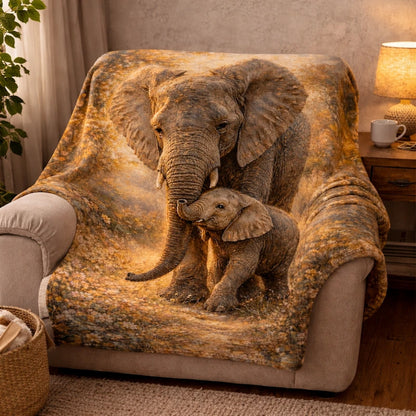 Elephant mother and calf printed fleece throw blanket draped over armchair in cozy living room