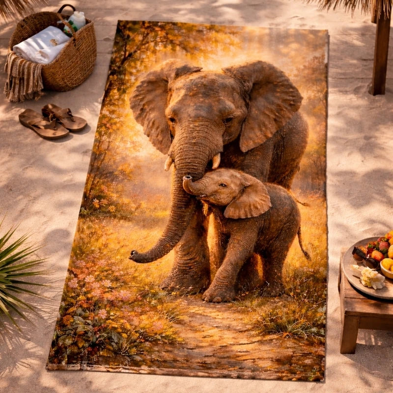 Beach towel with artistic print of mother and baby elephant in a nature scene on sand