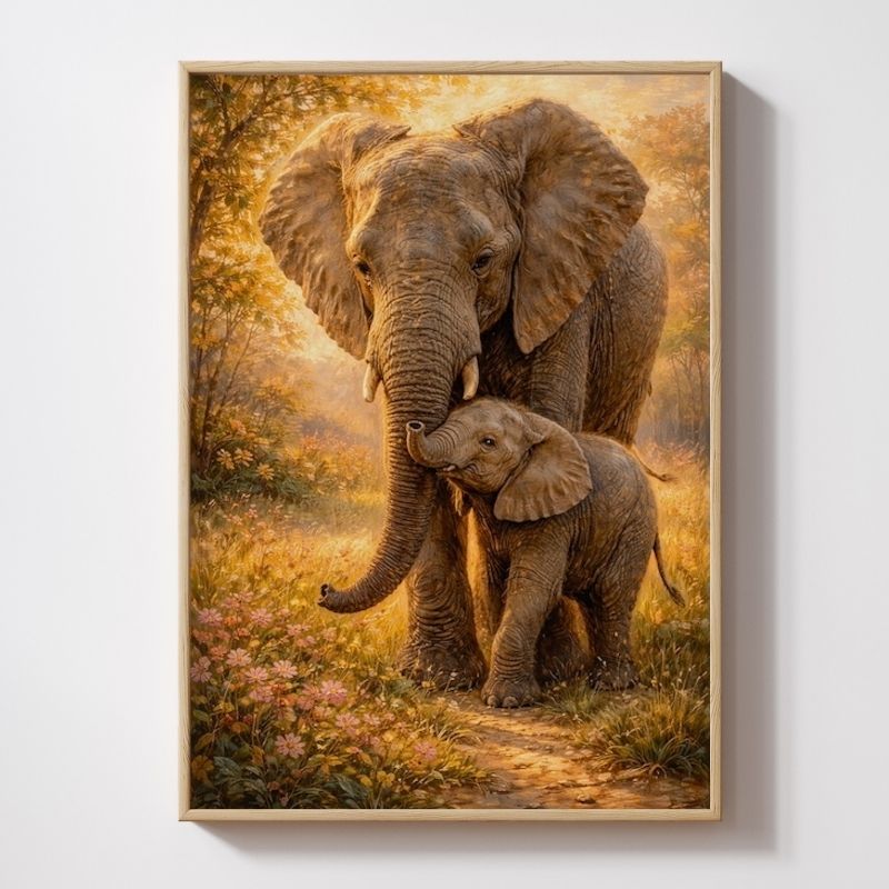 Elephant wall art featuring a mother and baby elephant in a sunlit, floral landscape.
