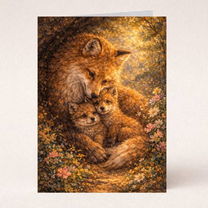 Fox mother cuddling two kits in a forest with flowers, fantasy art greeting card
