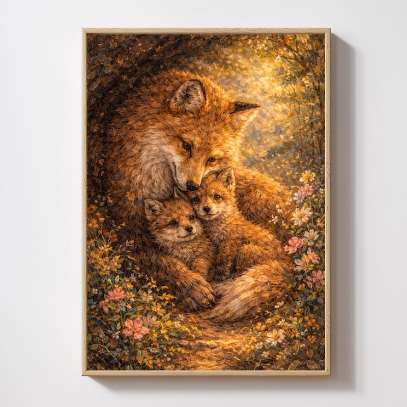 Fantasy fox wall art print featuring a fox and cubs in a floral woodland setting