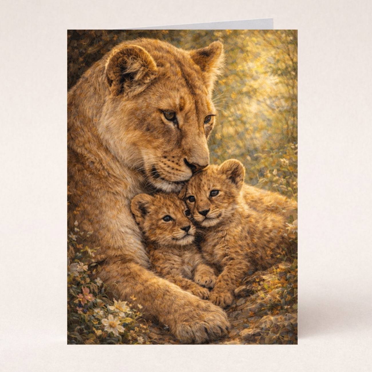 Lioness cuddling two lion cubs in a sunlit, nature-inspired art print
