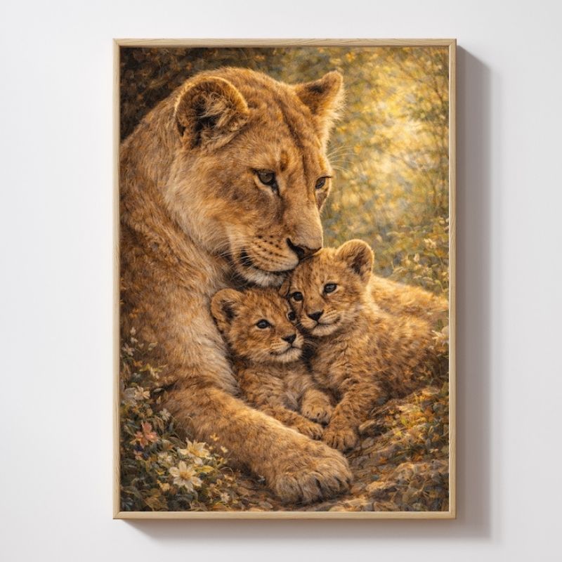 Art print of a lioness cuddling two lion cubs in a sunlit nature setting