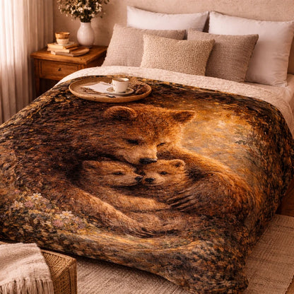 Cozy bed with soft blanket featuring mother bear hugging two cubs in woodland art style
